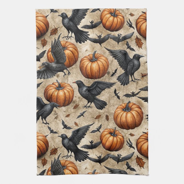 Pumpkins, Crows, and Bats Halloween Pattern Tea Towel (Vertical)