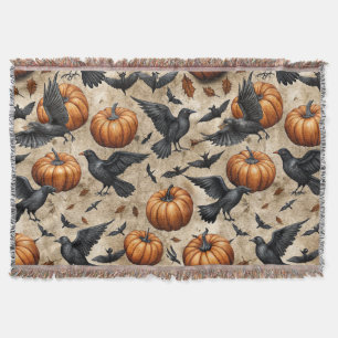 Pumpkins, Crows, and Bats Halloween Pattern Throw Blanket