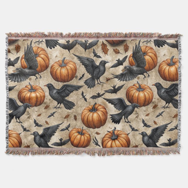 Pumpkins, Crows, and Bats Halloween Pattern Throw Blanket (Front)