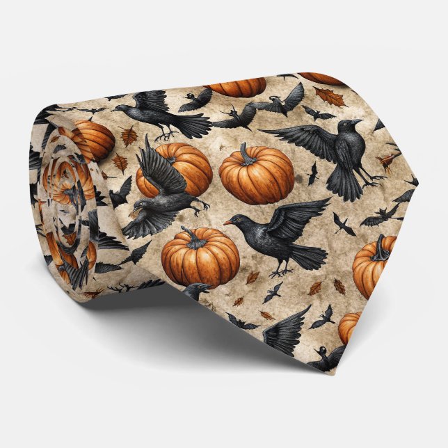 Pumpkins, Crows, and Bats Halloween Pattern Tie (Rolled)