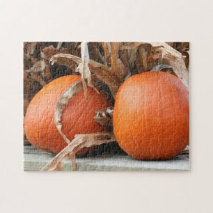 Pumpkins Dried Corn Stalks Autumn  Jigsaw Puzzle