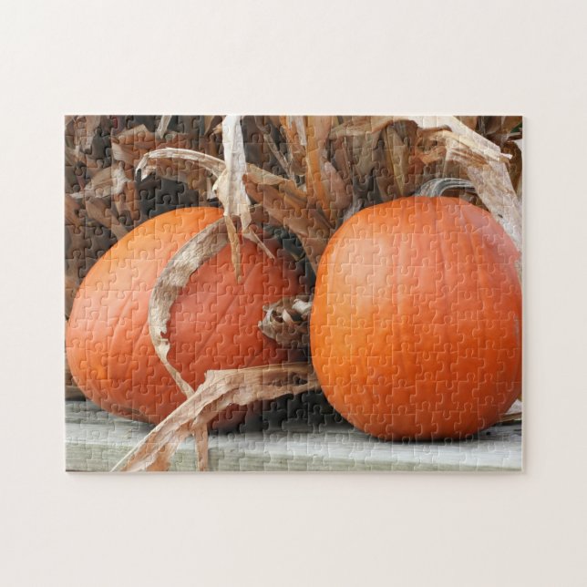 Pumpkins Dried Corn Stalks Autumn  Jigsaw Puzzle (Horizontal)