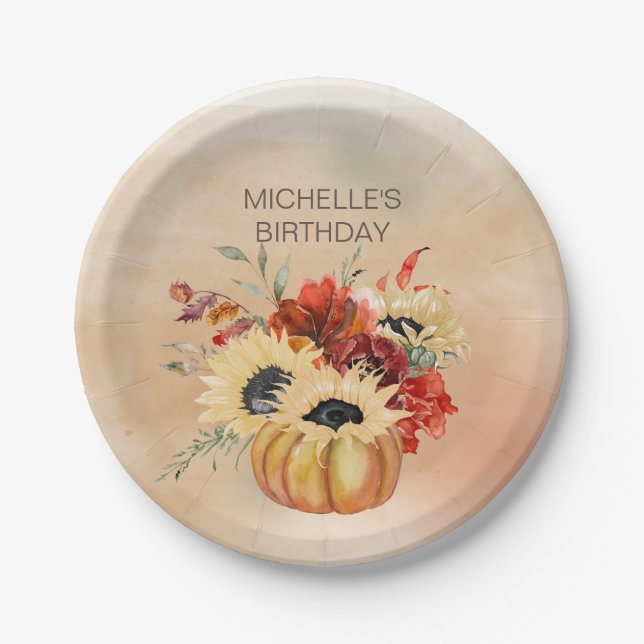 Pumpkins Fall Autumn Floral Flowers Birthday Party Paper Plate (Front)