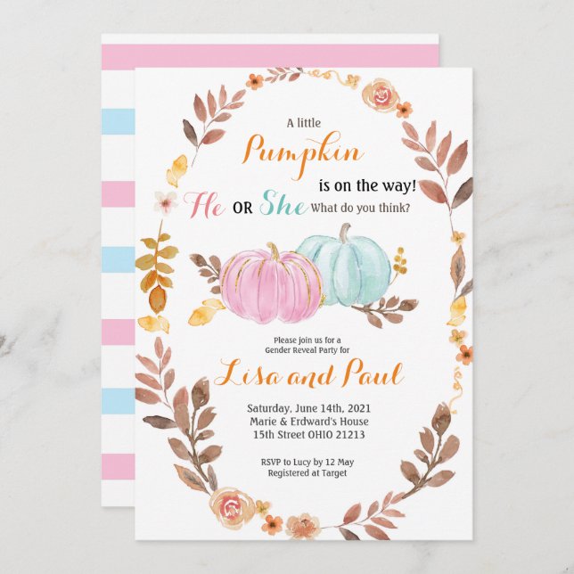 Pumpkins Fall Gender Reveal Pink Blue Invitation (Front/Back)