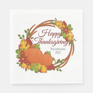 Pumpkins Fall Leaves Wreath Happy Thanksgiving Napkin