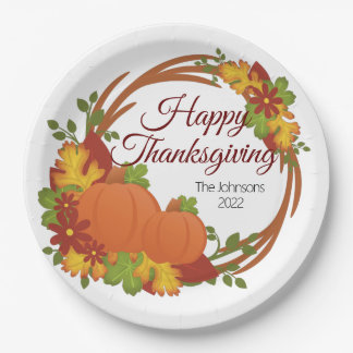 Pumpkins Fall Leaves Wreath Happy Thanksgiving Paper Plate