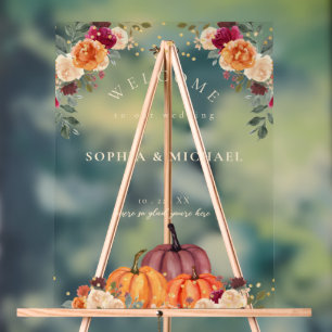 Pumpkins Florals Fall Wedding Welcome Acrylic Sign