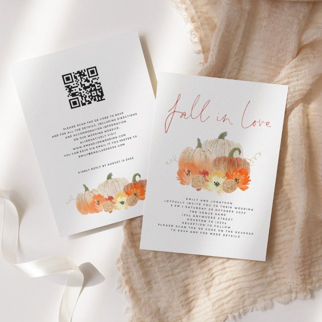 Pumpkins Florals Glitter QR Code Fall in Love Invitation (Creator Uploaded)