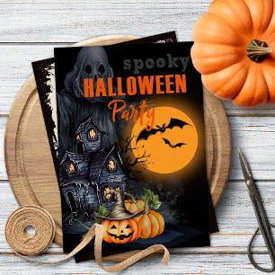 Pumpkins, Ghost, and Moon Halloween Party Invitation