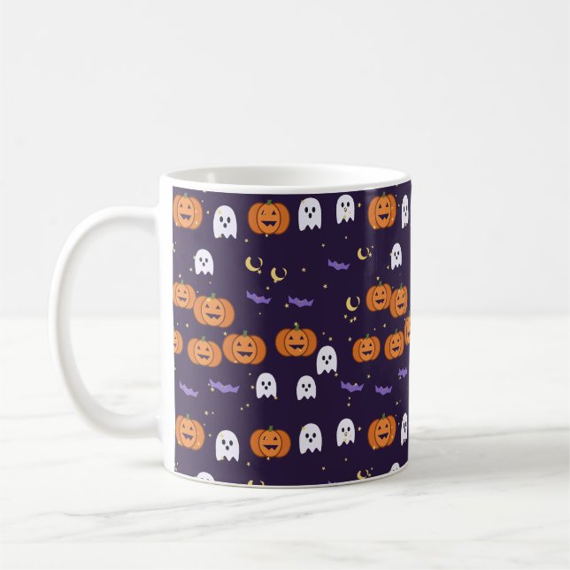 Pumpkins Ghosts and Bats Halloween Pattern Coffee Mug (Left)