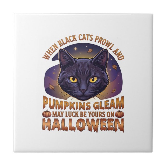 Pumpkins Gleam Halloween Black Cat Falling Leaves_ Ceramic Tile (Front)