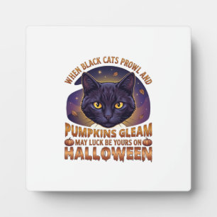 Pumpkins Gleam Halloween Black Cat Falling Leaves_ Plaque