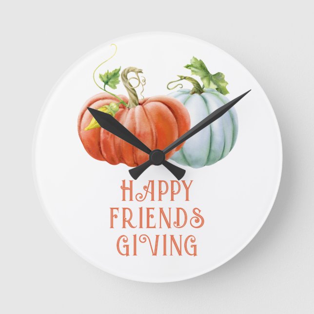 Pumpkins Happy Friendsgiving burnt orange fall Round Clock (Front)