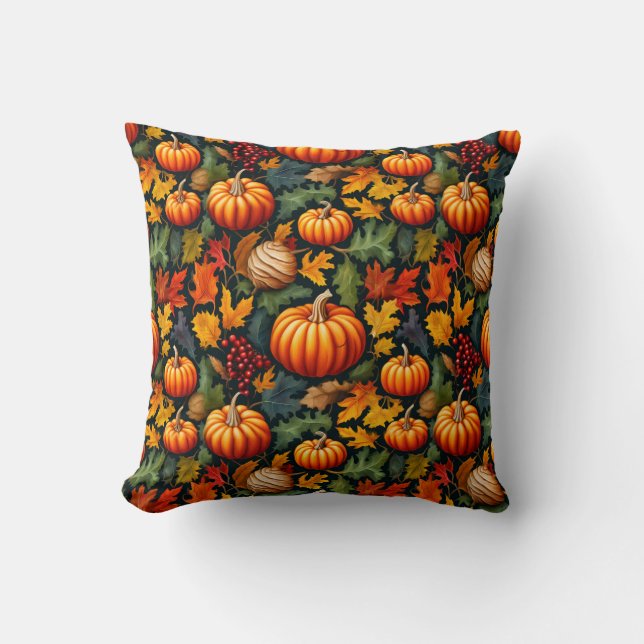 Pumpkins in the Leaves with Berries Cushion (Front)