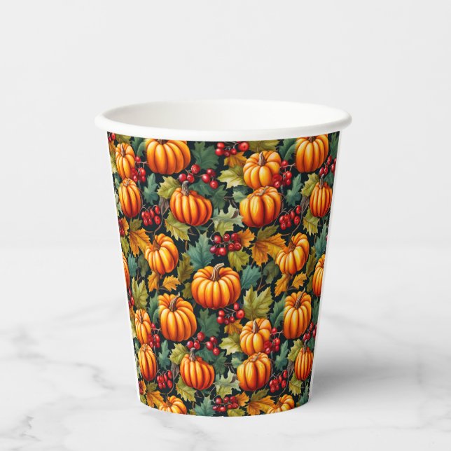 Pumpkins in the Leaves with Berries Paper Cups (Front)