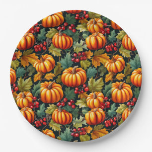 Pumpkins in the Leaves with Berries Paper Plate