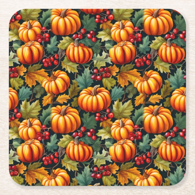 Pumpkins in the Leaves with Berries Square Paper Coaster (Front)