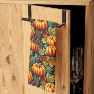 Pumpkins in the Leaves with Berries Tea Towel