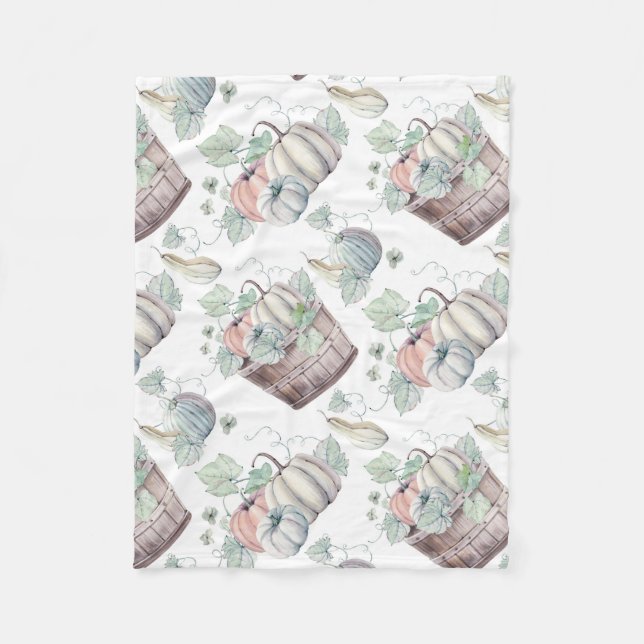 Pumpkins in Wooden Bucket in Soft Watercolors Fleece Blanket (Front)