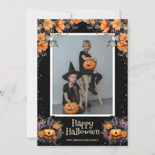 Pumpkins Jack-O'-Lanterns Floral Photo Halloween Holiday Card