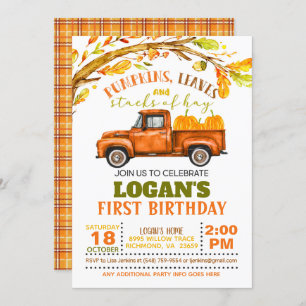 Pumpkins, Leaves and Stacks of Hay Birthday Invitation