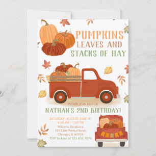Pumpkins Leaves and Stacks of Hay Birthday Invitation