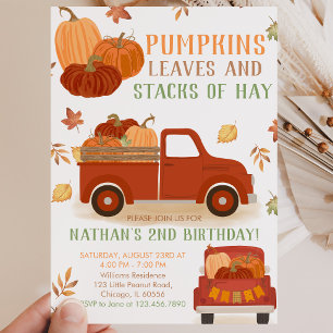 Pumpkins Leaves and Stacks of Hay Birthday Invitation