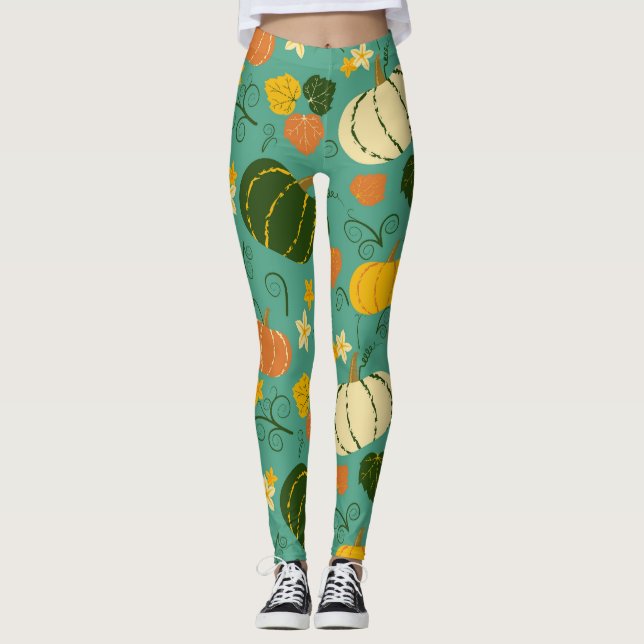 Pumpkins, leaves: autumn vegetable pattern leggings (Front)