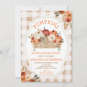 Pumpkins Leaves Hay Autumn Gingham 1st Birthday Invitation