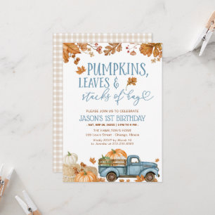 Pumpkins Leaves & Stacks of Hay Boy 1st Birthday Invitation