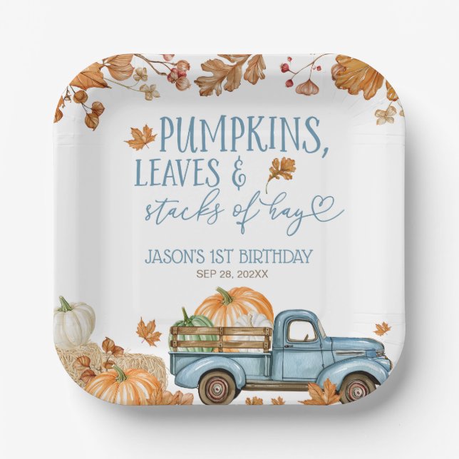 Pumpkins Leaves & Stacks of Hay Boy Paper Plate (Front)