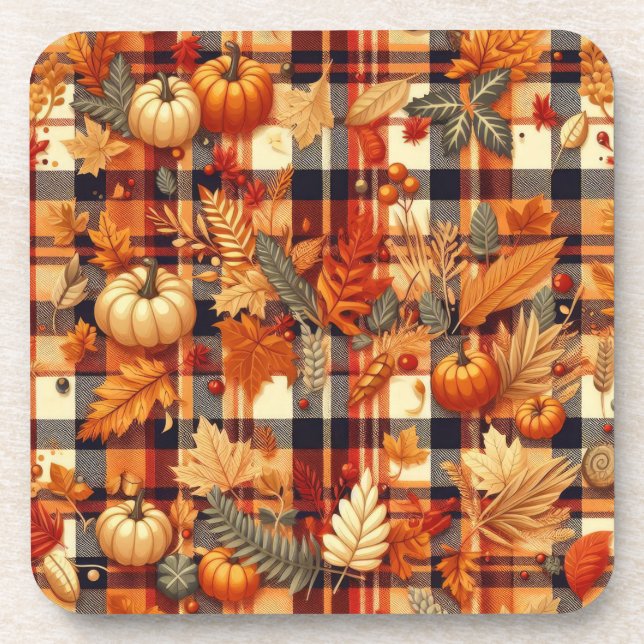Pumpkins Maple Leaves Autumn Plaids  Coaster (Front)