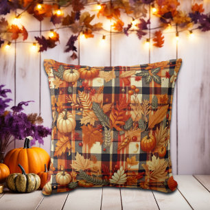Pumpkins Maple Leaves Autumn Plaids Cushion