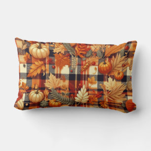 Pumpkins Maple Leaves Autumn Plaids Lumbar Cushion