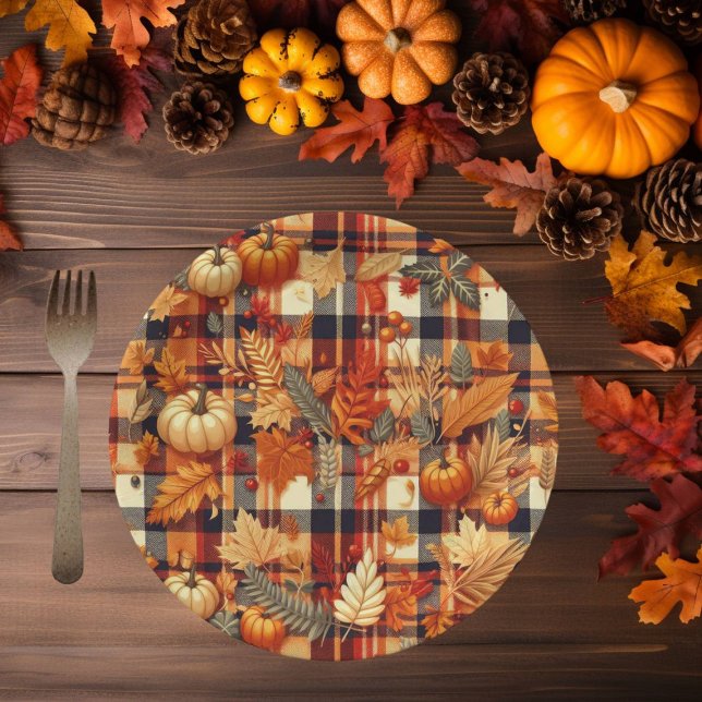 Pumpkins Maple Leaves Autumn Plaids  Paper Plate (Creator Uploaded)