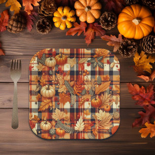 Pumpkins Maple Leaves Autumn Plaids  Paper Plate