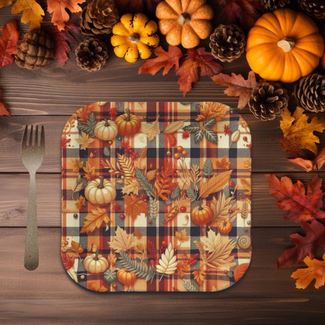 Pumpkins Maple Leaves Autumn Plaids  Paper Plate (Creator Uploaded)