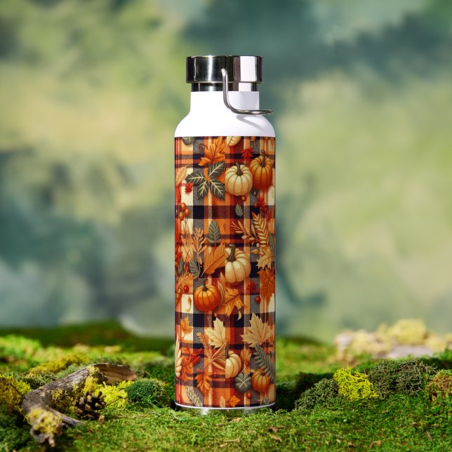 Pumpkins Maple Leaves Autumn Plaids  Water Bottle (Outdoor)