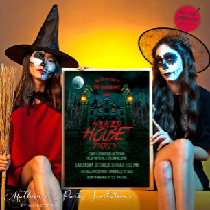 Pumpkins Moon Bats Haunted House Halloween Party Invitation