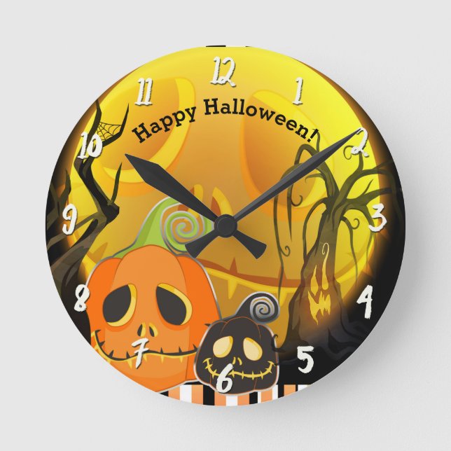 Pumpkins & Moon Whimsical Halloween Custom Round Clock (Front)