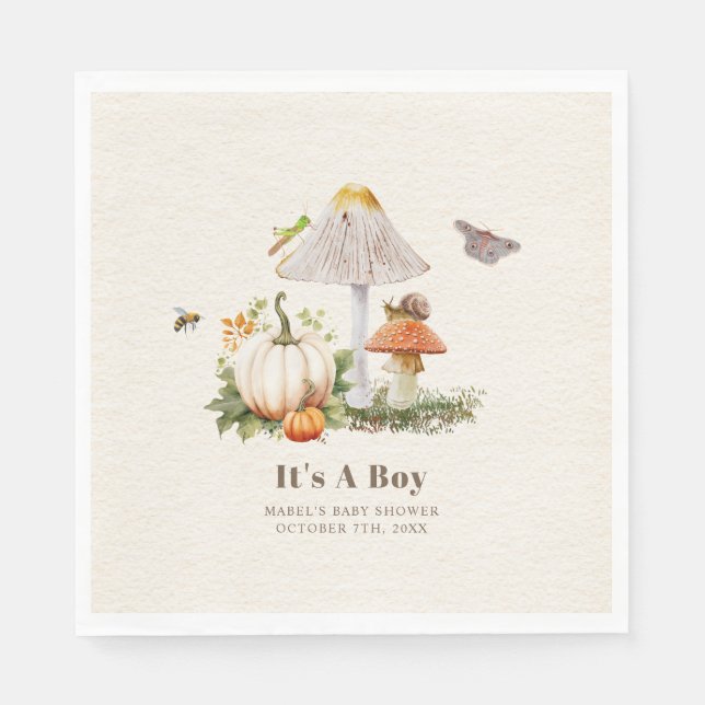 Pumpkins Mushroom Woodland Insects Boy Baby Shower Napkin (Front)