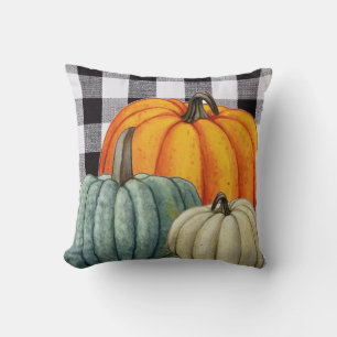 Pumpkins on Black and white gingham plaid Fall  Cushion