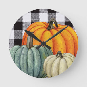 Pumpkins on Black and white gingham plaid Fall Round Clock