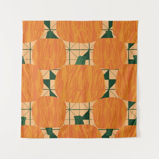 Pumpkins on geometric triangle background seamless tapestry (Front)