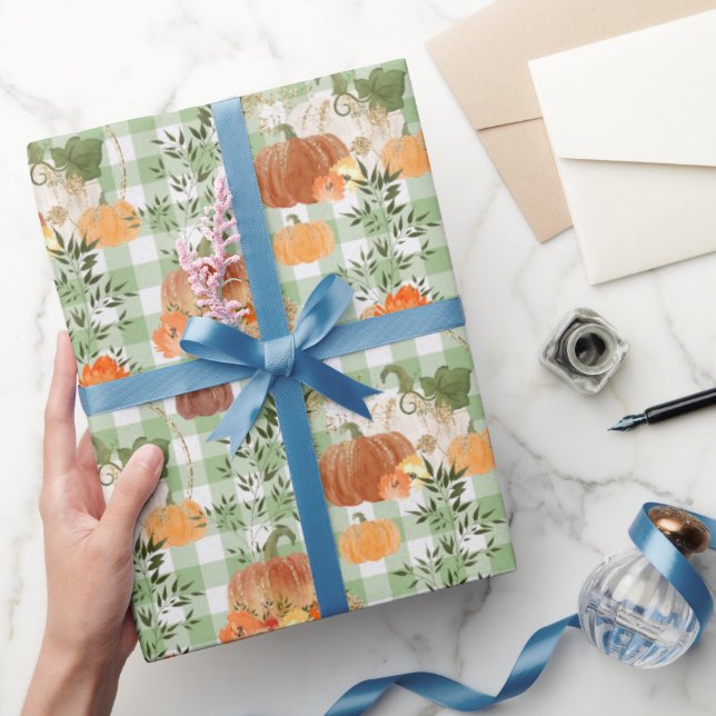 Pumpkins on Green and White Check Wrapping Paper (Gifting)