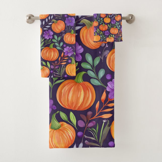 Pumpkins on purple pattern bath towel set (Insitu)