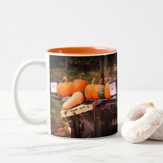 Pumpkins On Truck Nature Personalised Two-Tone Coffee Mug (With Donut)