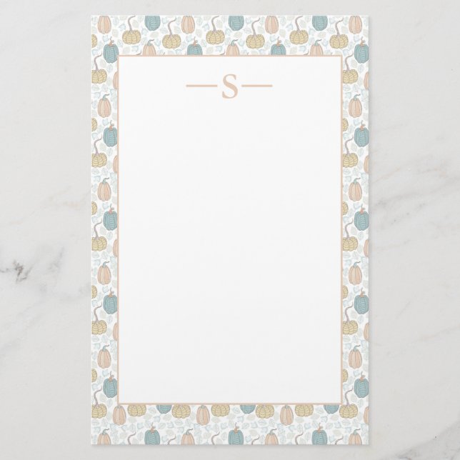 Pumpkins Orange Blue Soft Colours Monogram Vintage Stationery (Front)