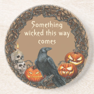 Pumpkins & Raven Halloween Wreath  Coaster