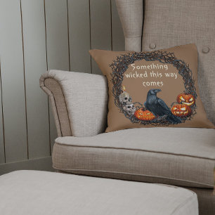 Pumpkins & Raven Halloween Wreath Cushion